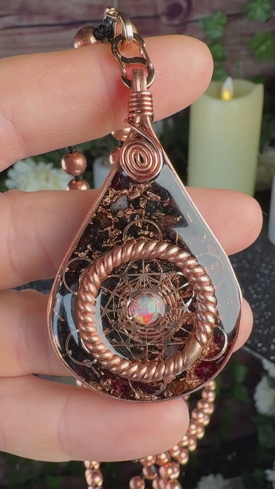 Lead with Love~Orgonite Mala Necklace with Garnet, Elite Shungite, Diamond Quartz, Opal, Sacred Cubit Tensor Ring