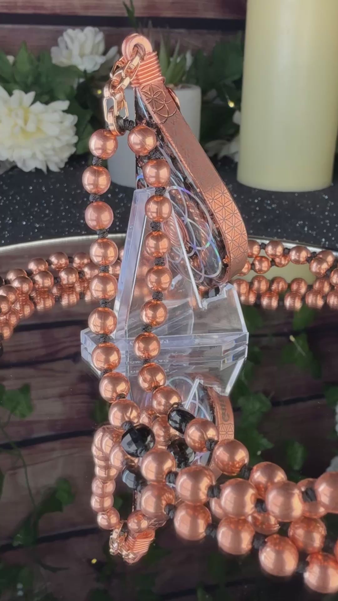 Guided & Protected~Orgonite Mala w/ Black Tourmaline, Magnetite, Black Spinel, Tensor Ring, Diamond Quartz, Clear Quartz, Copper, Hematite