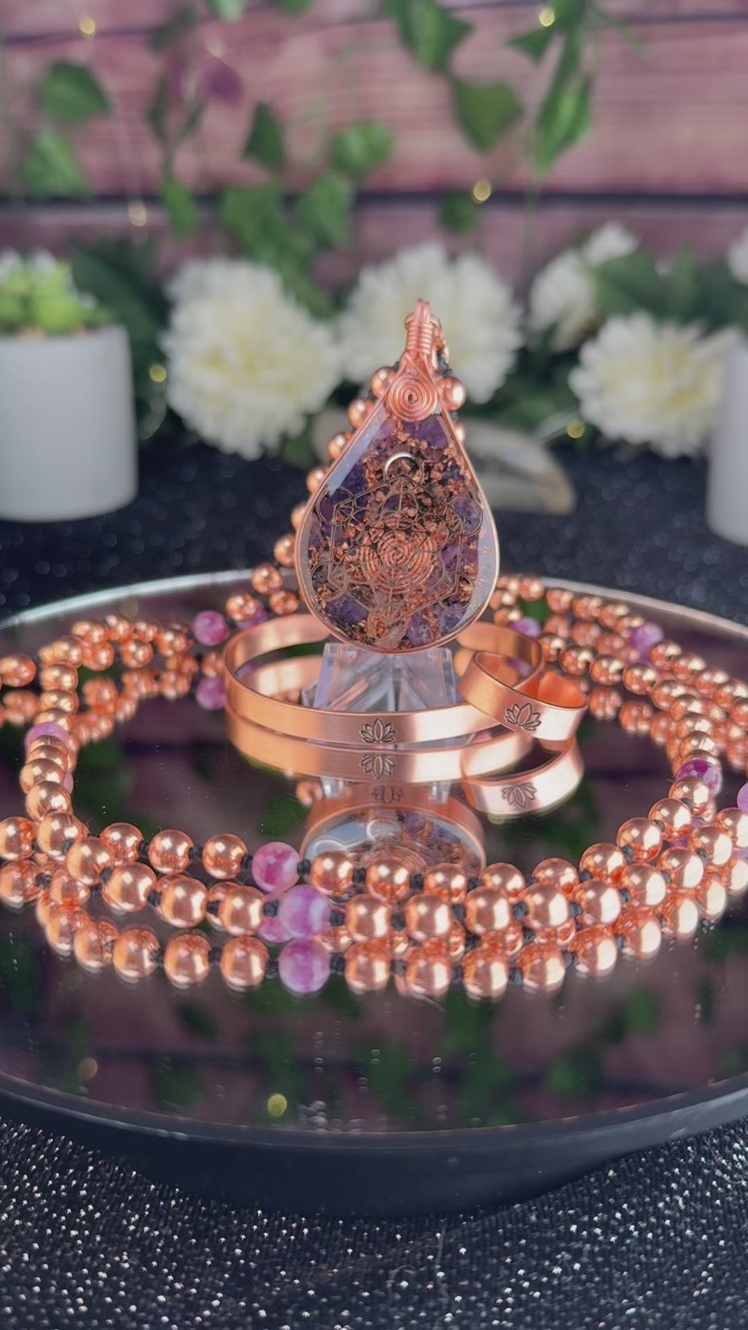 Finding Peace~Lepidolite Orgonite Mala Necklace Set w/ Copper Ring, & Bracelet