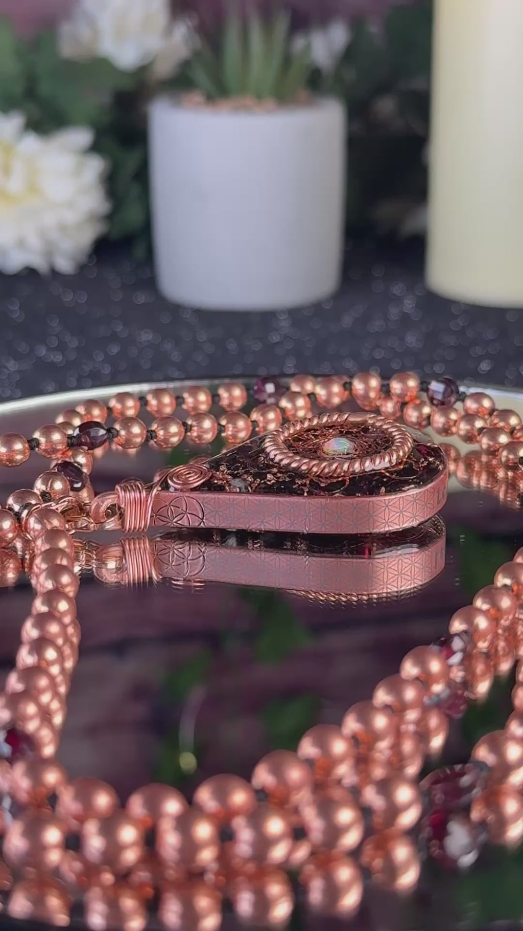 Lead with Love~Orgonite Mala Necklace with Garnet, Elite Shungite, Diamond Quartz, Opal, Sacred Cubit Tensor Ring