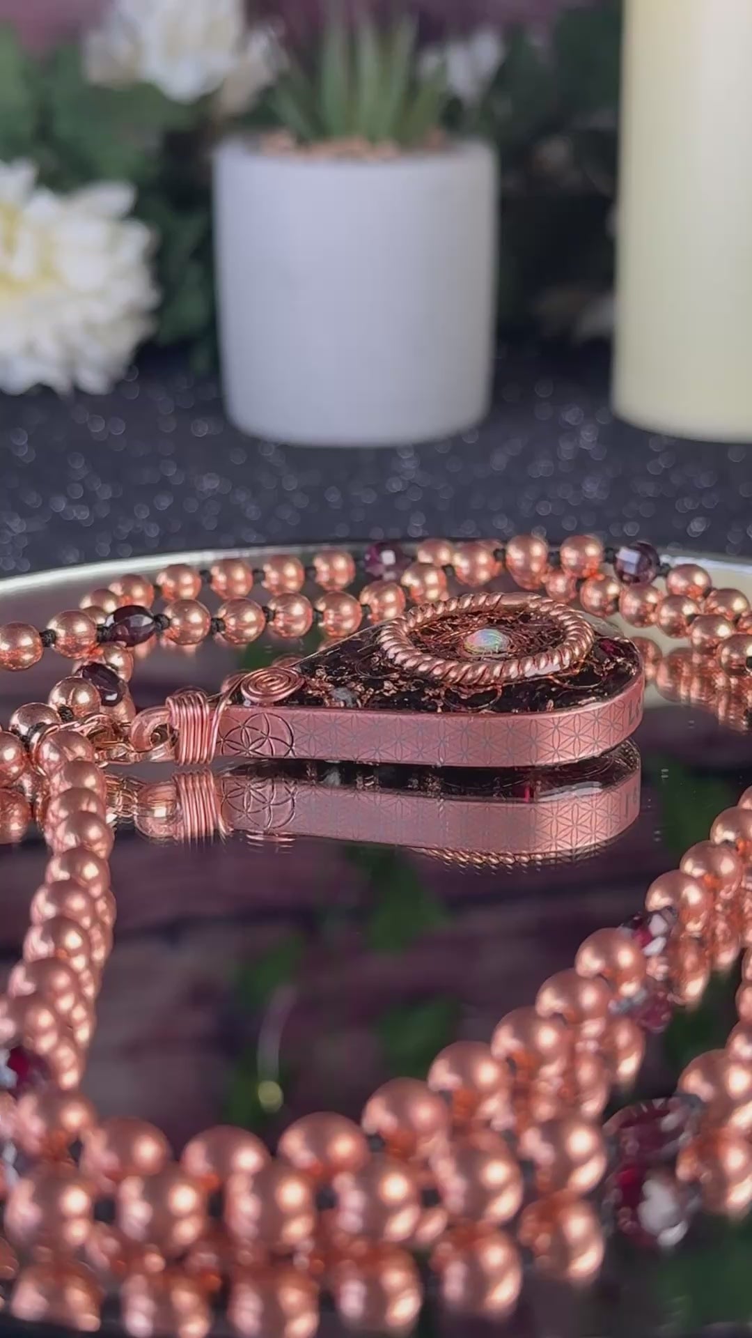 Lead with Love~Orgonite Mala Necklace with Garnet, Elite Shungite, Diamond Quartz, Opal, Sacred Cubit Tensor Ring