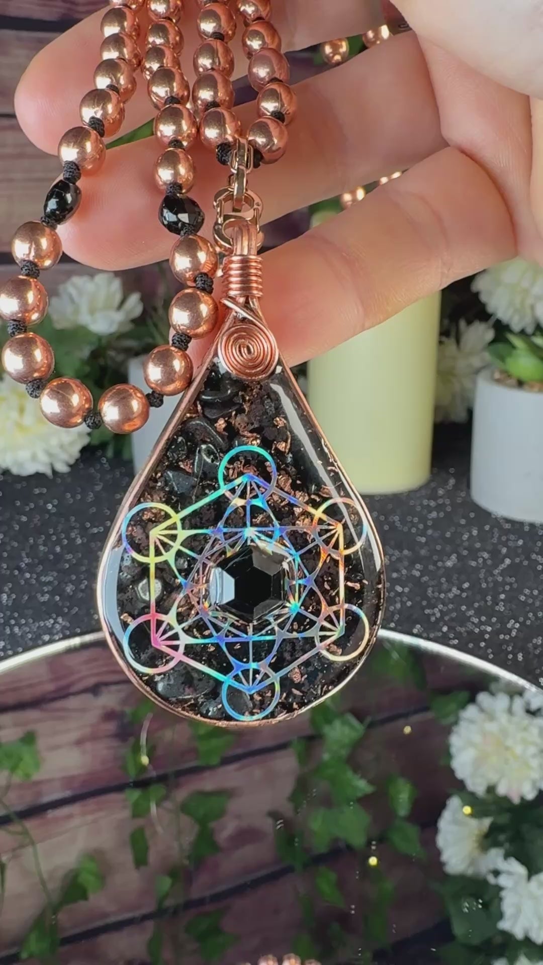 Guided & Protected~Orgonite Mala w/ Black Tourmaline, Magnetite, Black Spinel, Tensor Ring, Diamond Quartz, Clear Quartz, Copper, Hematite