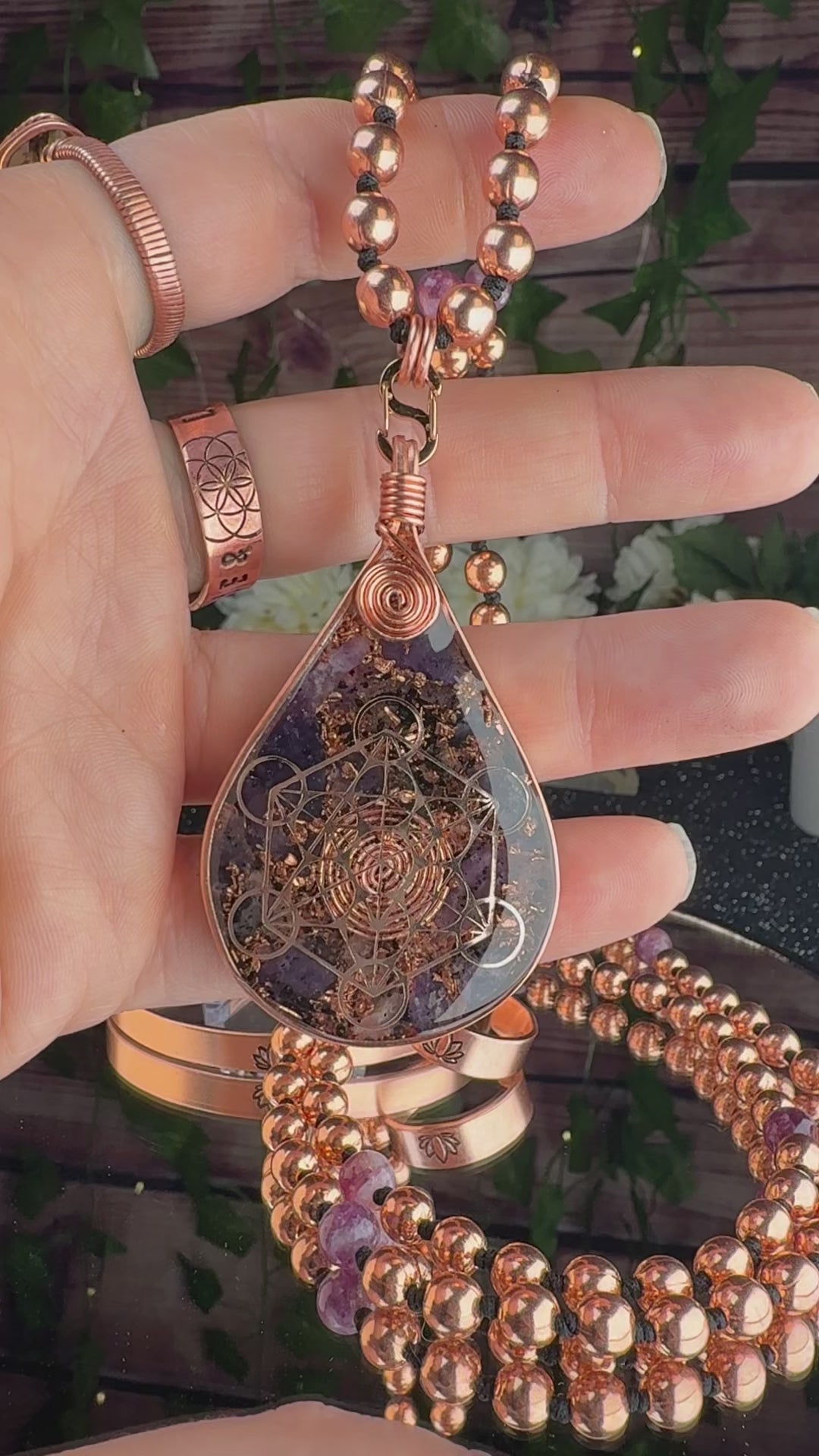 Finding Peace~Lepidolite Orgonite Mala Necklace Set w/ Copper Ring, & Bracelet