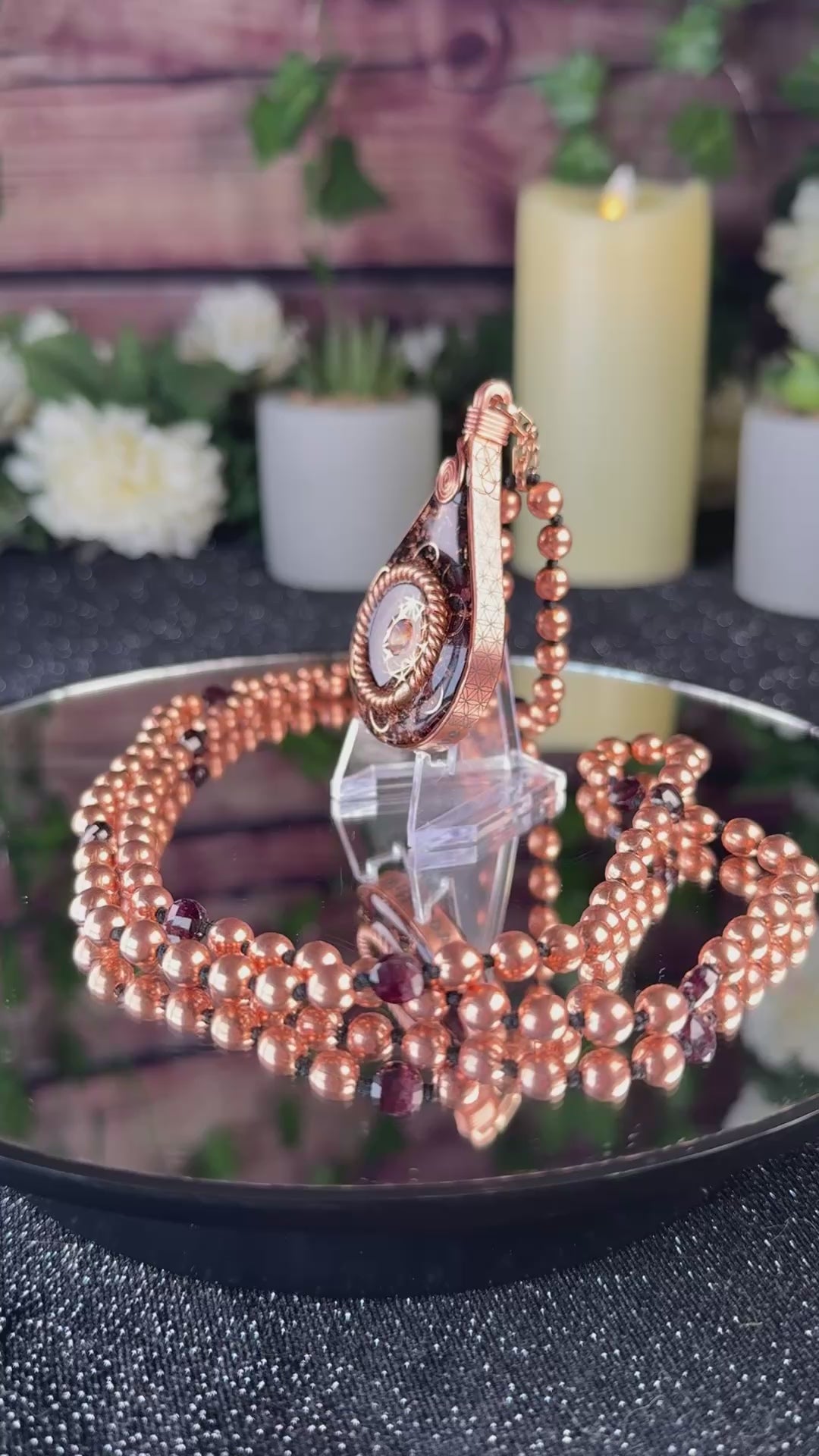 Lead with Love~Orgonite Mala Necklace with Garnet, Elite Shungite, Diamond Quartz, Opal, Sacred Cubit Tensor Ring