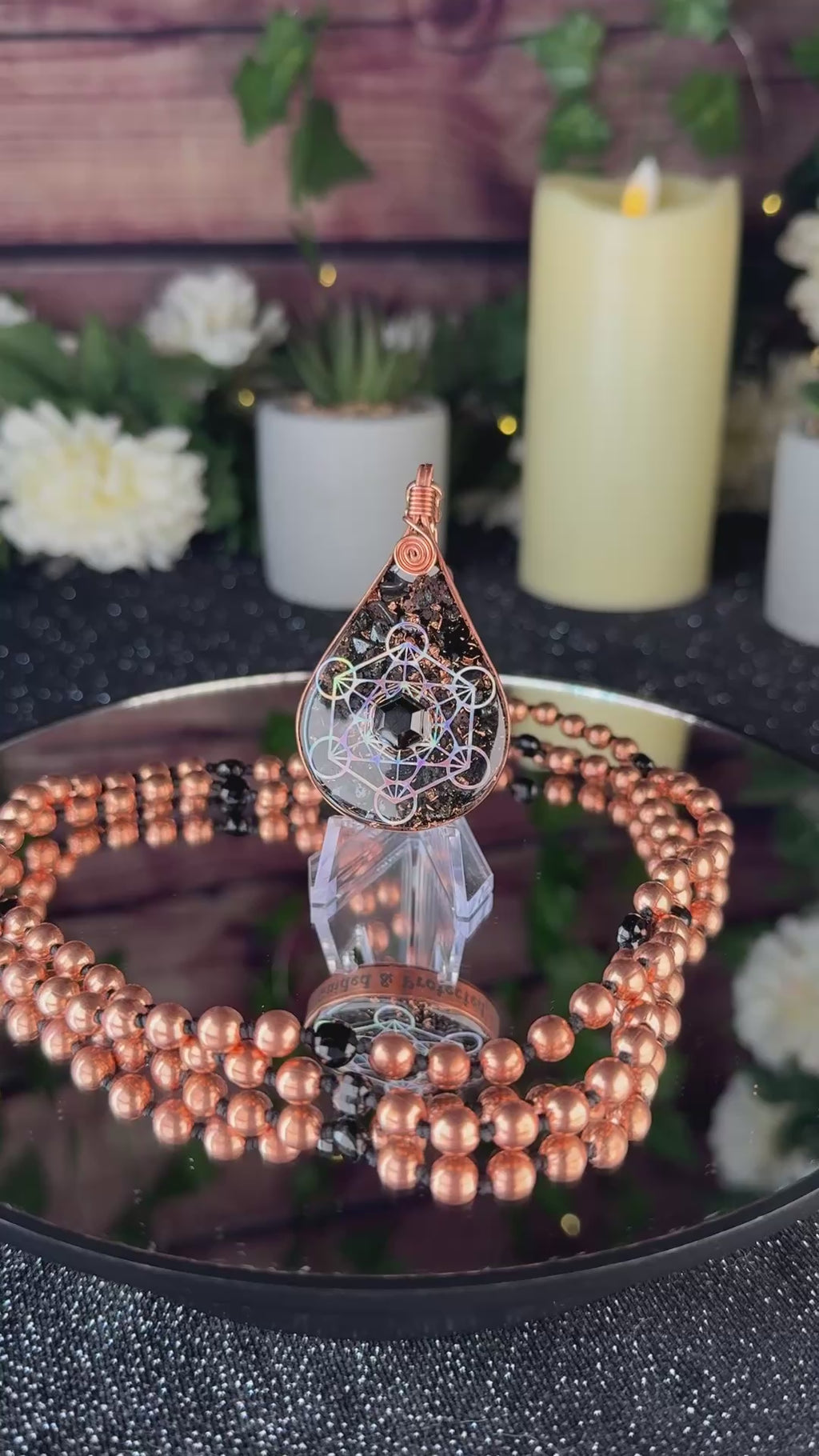 Guided & Protected~Orgonite Mala w/ Black Tourmaline, Magnetite, Black Spinel, Tensor Ring, Diamond Quartz, Clear Quartz, Copper, Hematite