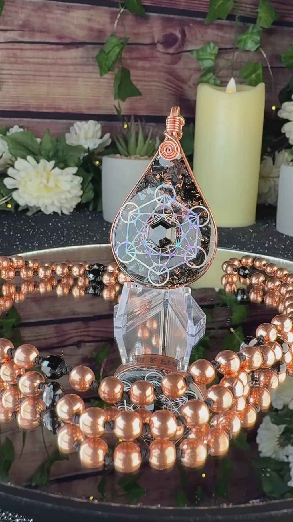 Guided & Protected~Orgonite Mala w/ Black Tourmaline, Magnetite, Black Spinel, Tensor Ring, Diamond Quartz, Clear Quartz, Copper, Hematite