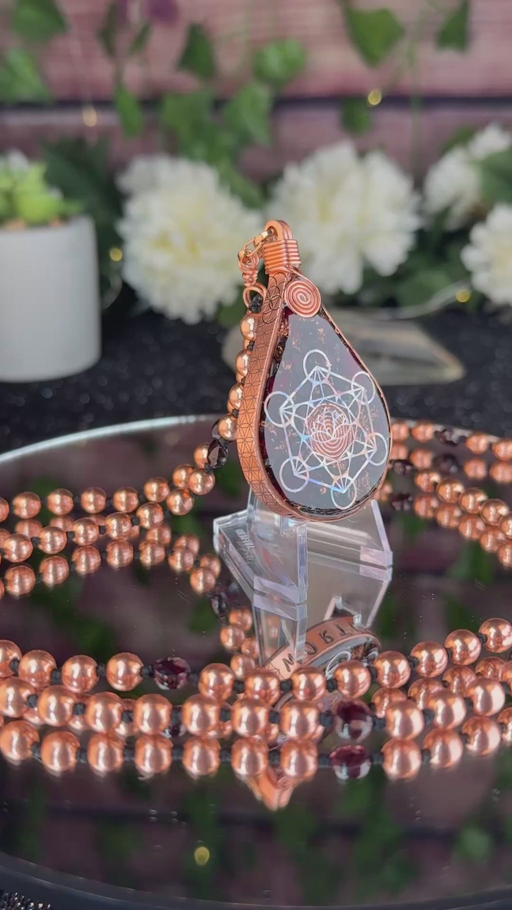 Worthy~Orgonite w/ Rose Petals, Garnet + 108 Hand knotted Copper & Garnet Interchangeable Mala